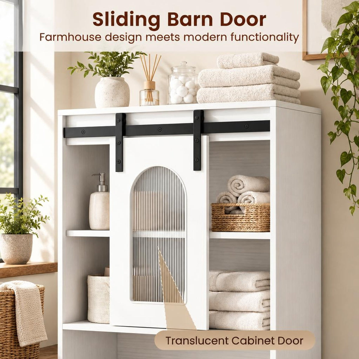 Airfind Farmhouse Bathroom Floor Cabinet featuring Sliding Barn Door, 44 lbs Capacity, Engineered Wood Frame, 23.5 Inch x 12 Inch x 59 Inch Footprint, White