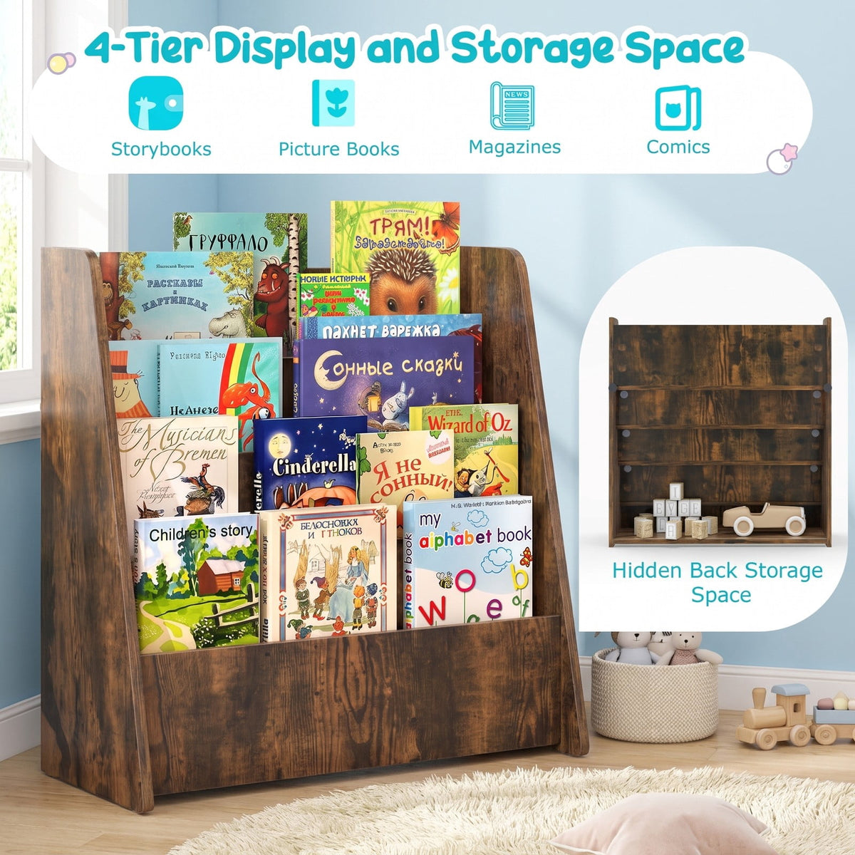 Airfind 4-Tier Kids Bookshelf with Deep Compartments for Bedroom, 22.5 x 10.5 x 23 inch Footprint, Brown