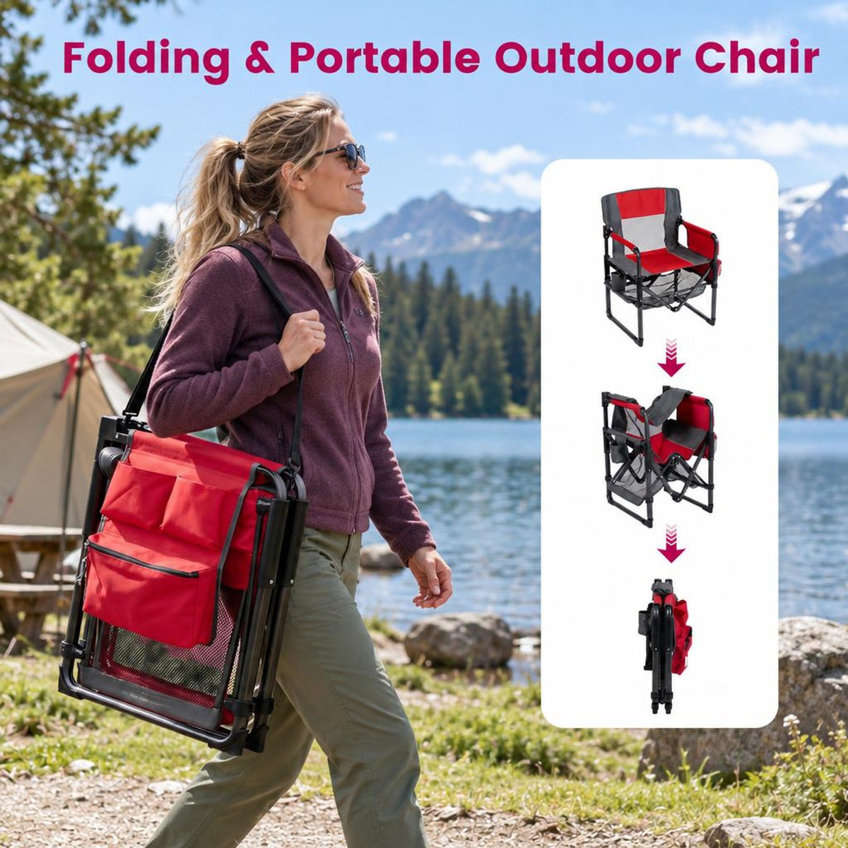 Airfind Heavy Duty Outdoor Camping Chair with Cup Holder and Side Pocket, 330 lbs Capacity, Metal Nylon Mesh PVC Fabric PP Frame, Red