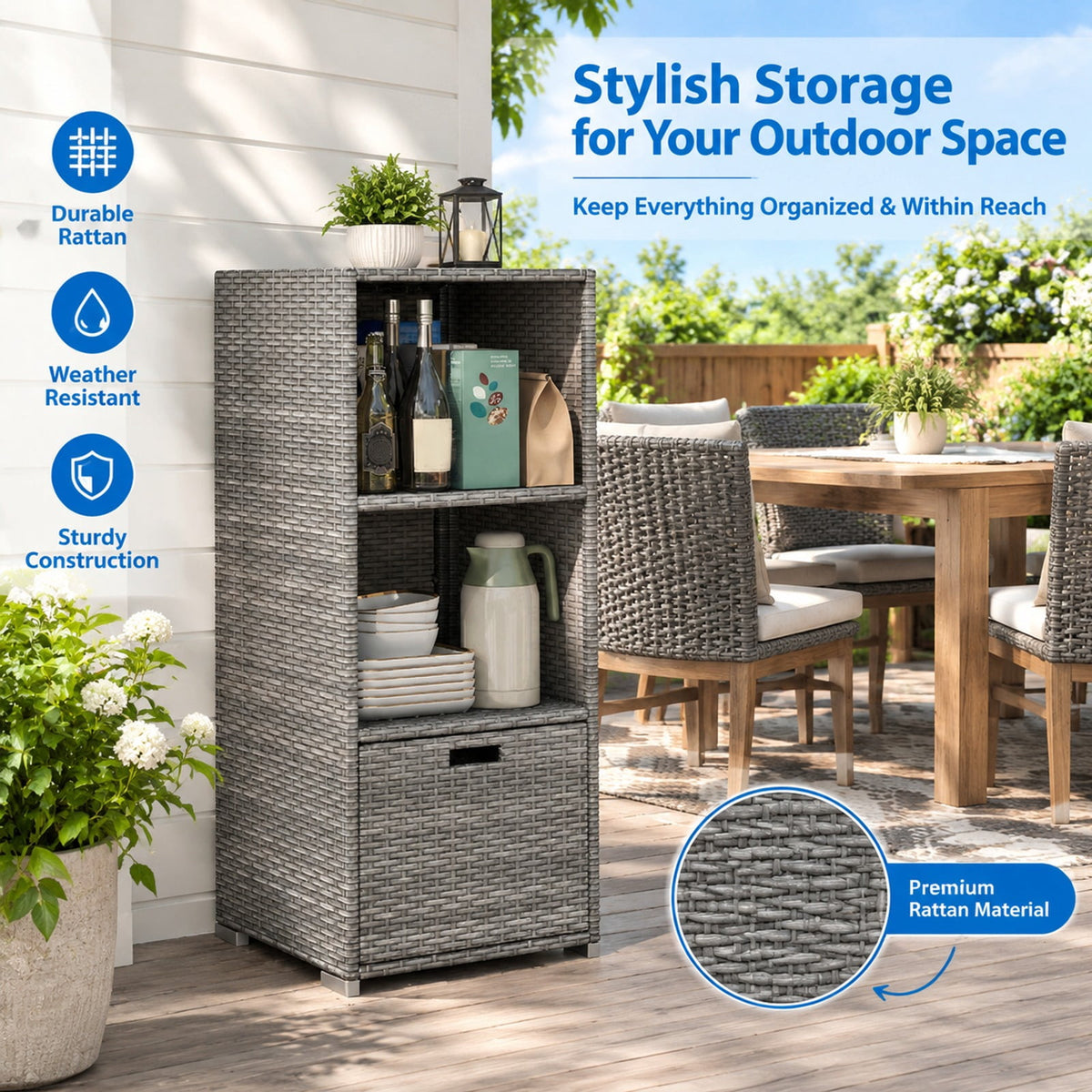 Airfind Outdoor Storage Cabinet Patio Wicker Organizer with Drawer, PE Rattan Metal Frame, 19.5 x 19.8 x 43 Footprint, Gray