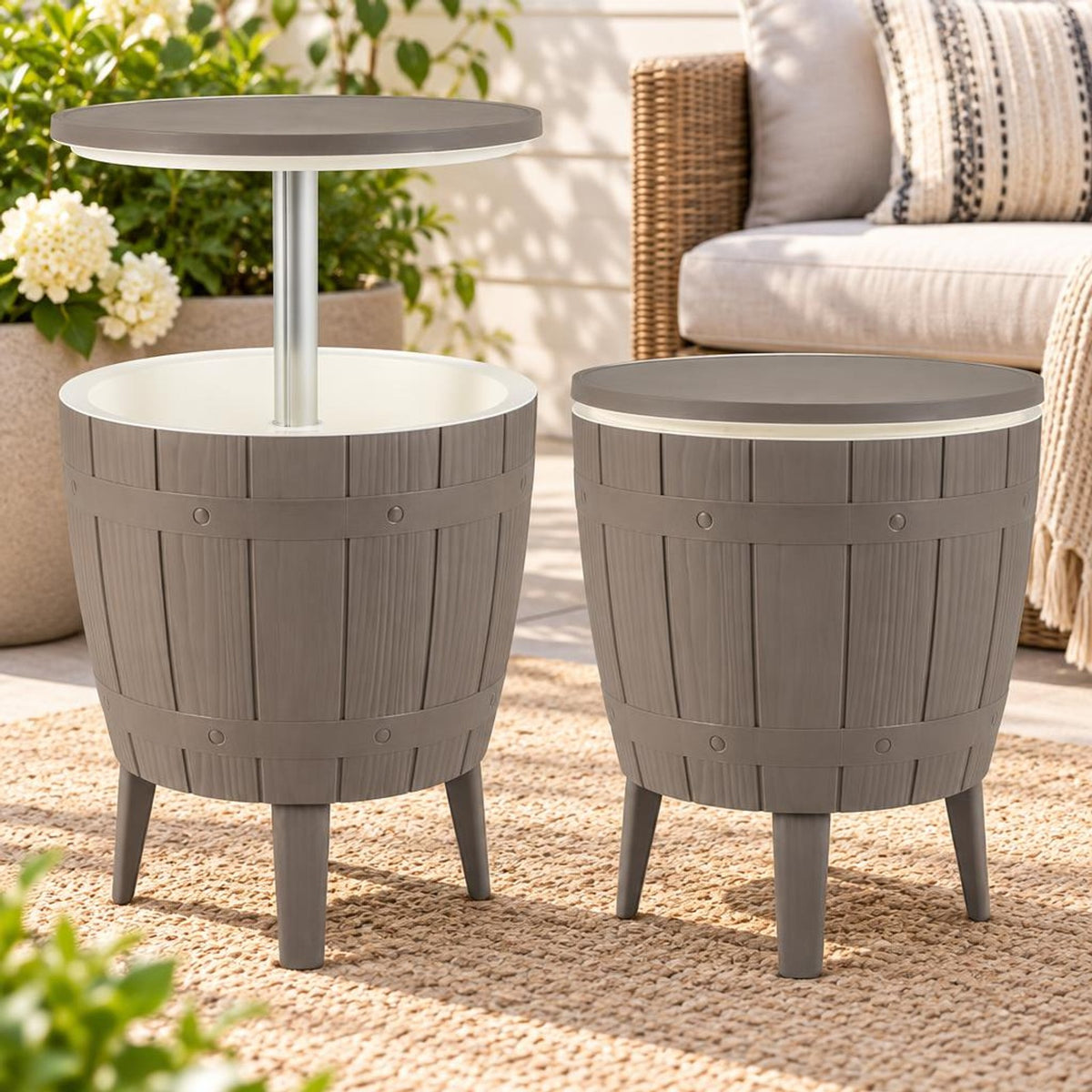 Airfind 10 Gallon Cooler Bar Table Outdoor Coffee Table Ice Bucket with Telescopic Tabletop for Beer and Wine, 110 lbs Bucket Capacity, Brown