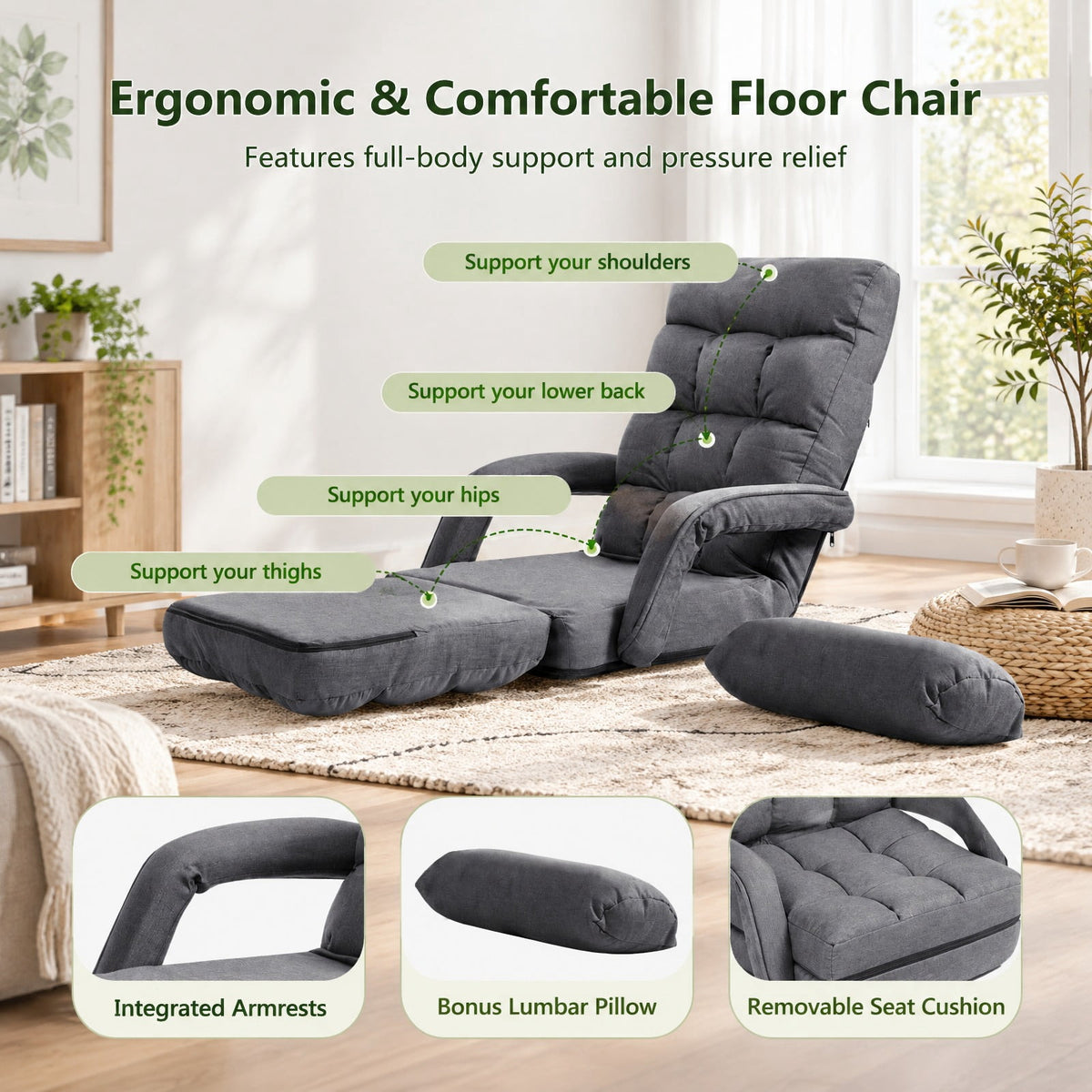 Airfind Folding Lazy Floor Chair Sofa with Armrests and Pillow, Linen-like cloth steel sponge Frame, 22in x 26in x 29in Footprint, Gray