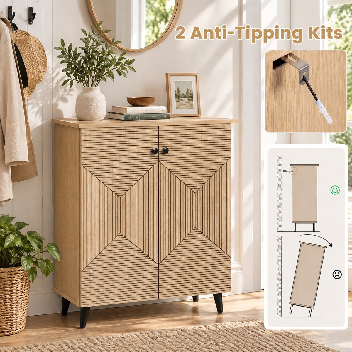 Airfind High‑quality 2‑Door Geometric Cabinet Freestanding Decorative Footwear Storage Unit with Carved Panels for Indoor Home Use, 66 lbs Capacity