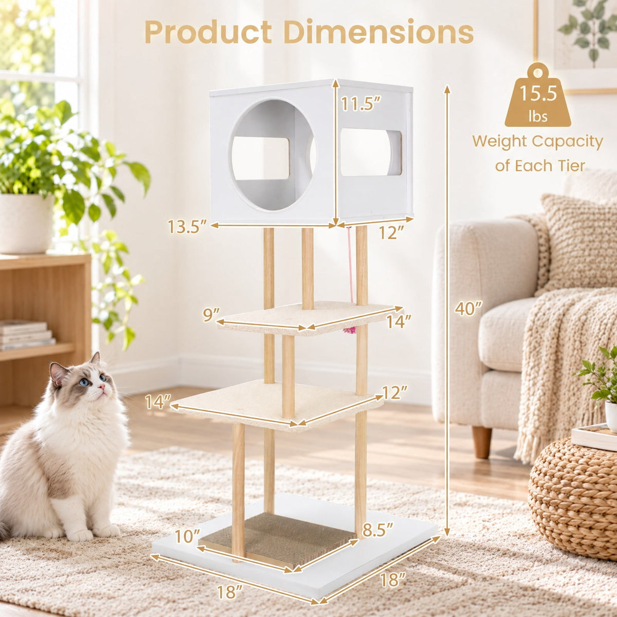 Airfind Tall Wood Cat Tower with 2 Corrugated Cardboard, 15.5 lbs Capacity, Engineered Wood Rubber Wood Corrugated Cardboard Fabric Frame, White