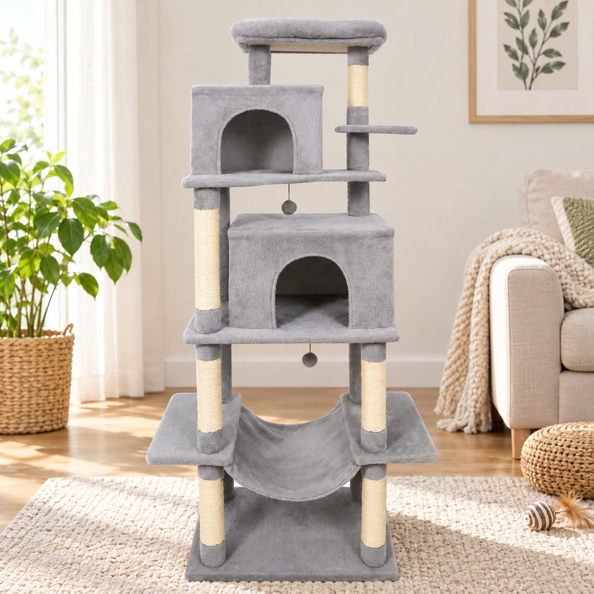 Airfind Large Cat Tree for Indoor Cats 70 Tall Cat Tower, 33 lbs Capacity, Plush Fabric Sisal Engineered Wood Overall Height 70 Base Frame