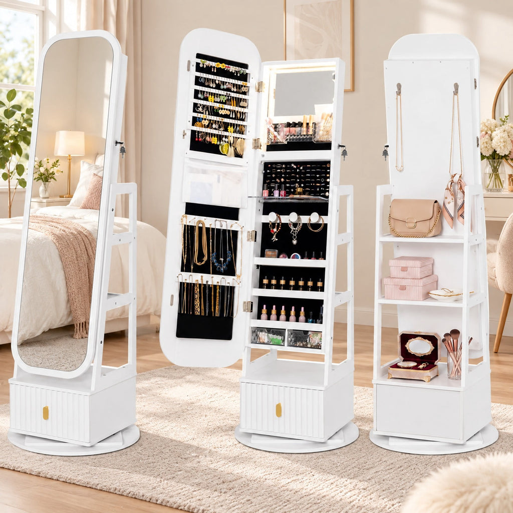 Airfind 360° Swivel Jewelry Cabinet with Full-Length Mirror and Dual Hooks, Engineered Wood Frame, 22 x 22 x 64.5 Footprint, White