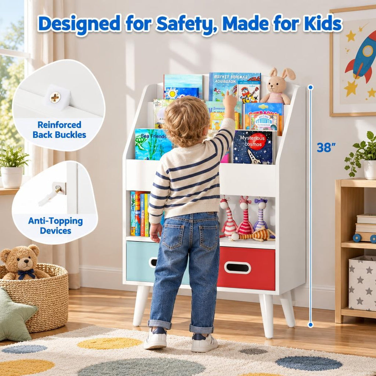 Airfind Youth Bookshelf featuring Open Compartment for Youth 3+ Years Old, 220 lbs Capacity, MDF Engineered Wood Non-woven Fabric Frame, White
