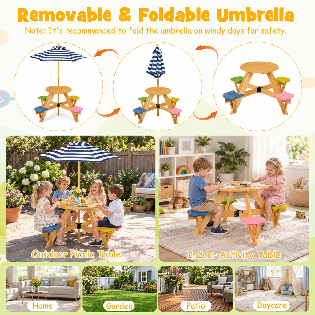 Airfind Kids Picnic Table with Stools and Foldable Adjustable Umbrella for Backyard and Patio, 165 lbs Capacity, Polyester Fabric Frame, Blue