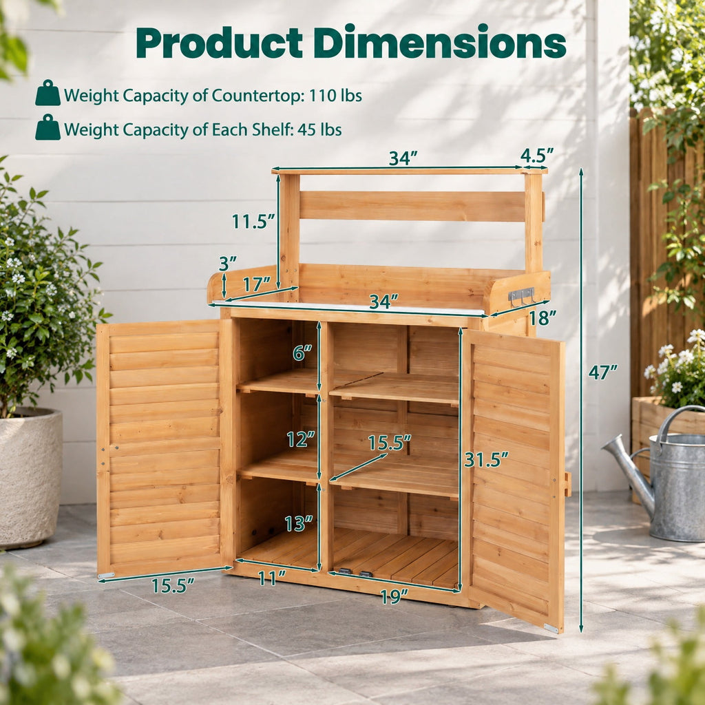 Airfind Wood Plant Workstation with Stainless Steel Tabletop and Removable Shelves, 110 lbs Storage Shelf Capacity, Fir Wood Stainless Steel Frame
