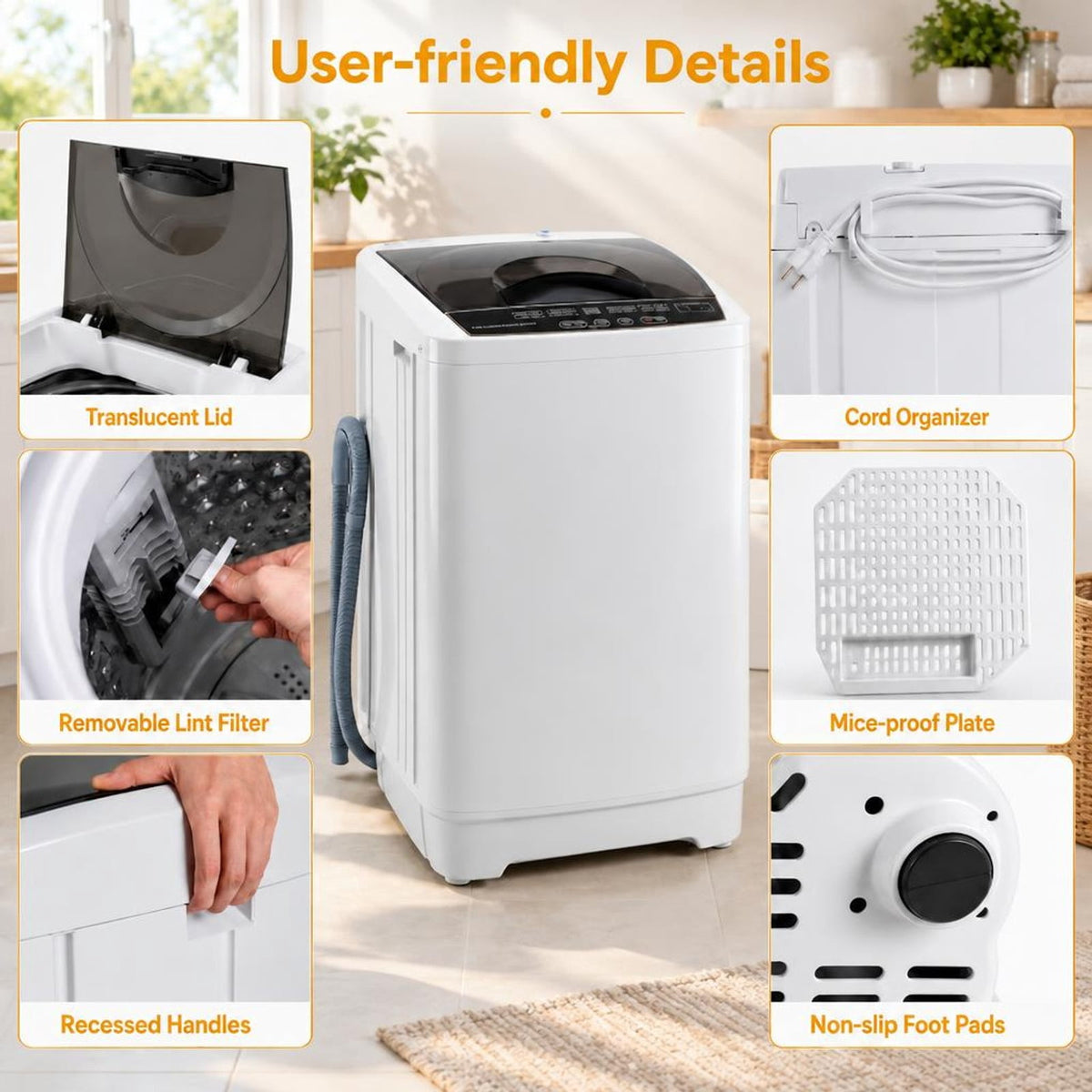 Airfind 9.93 lbs Full Automatic Washing Machine with 8 Preset Programs, Stainless Steel PP Frame, Gray