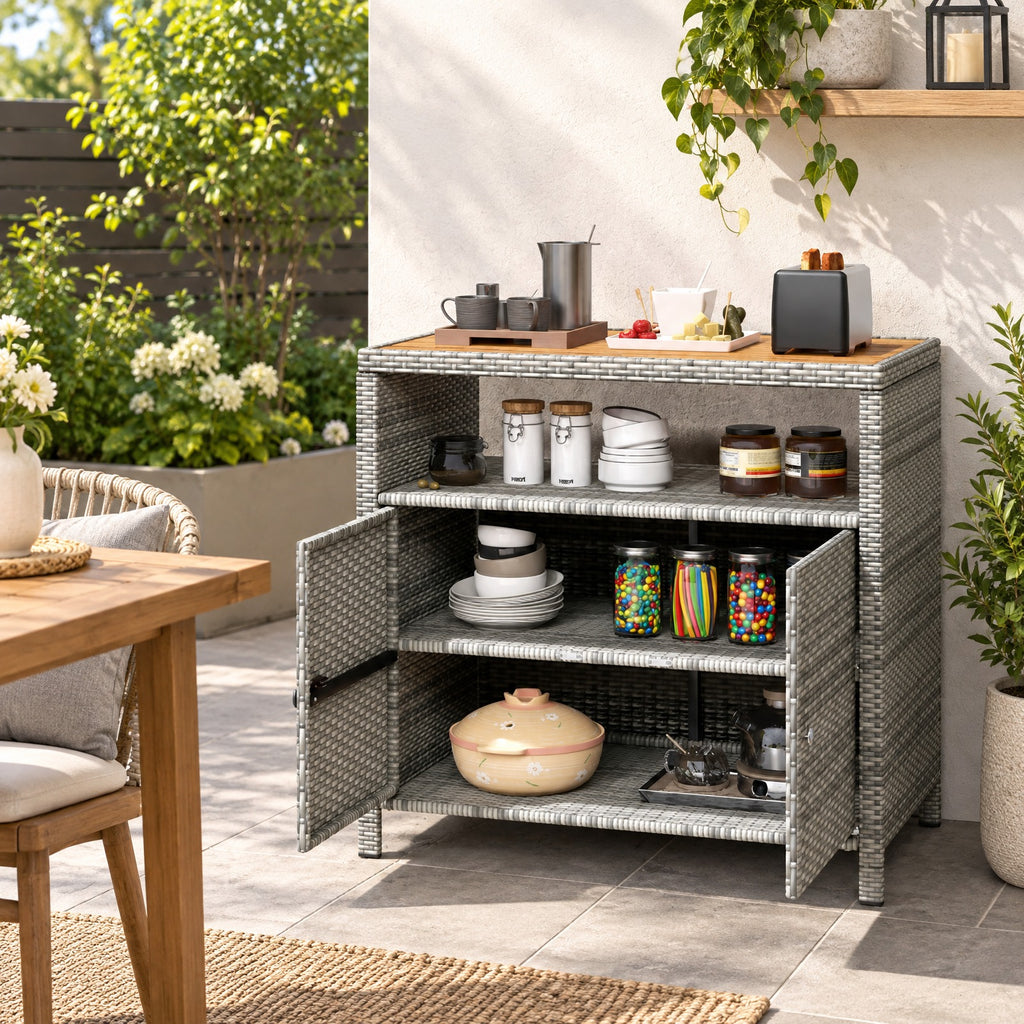 Airfind Rattan Storage Cabinet with Acacia Wood Countertop for Poolside Deck and Patio, 100 lbs Capacity, PE Rattan Acacia Wood Metal Frame, Gray