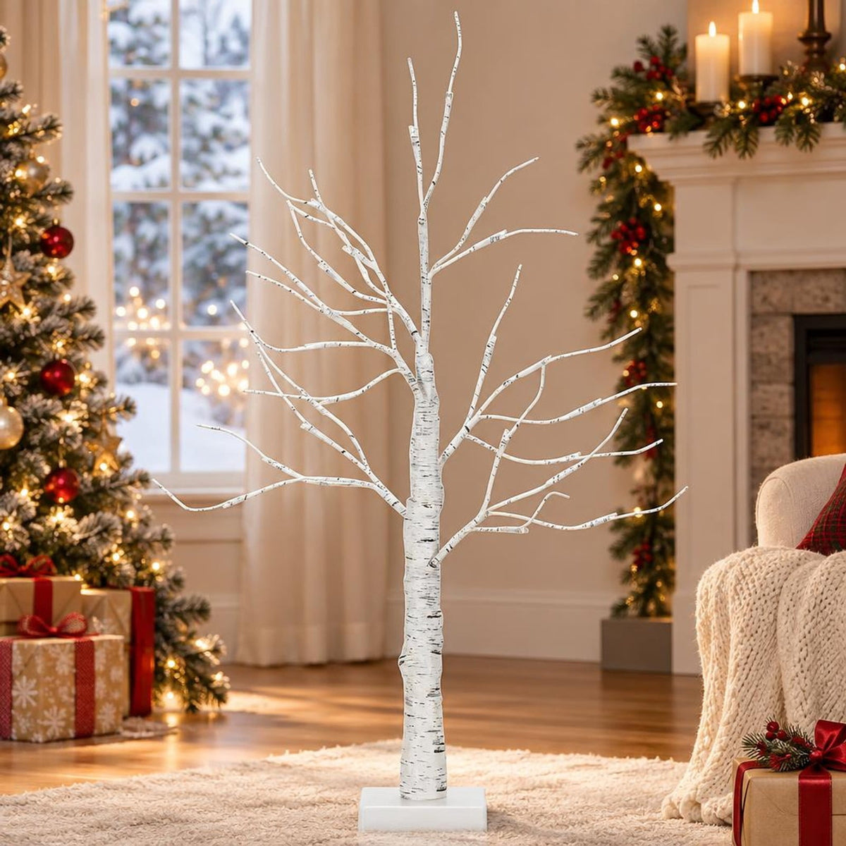 AIRFIND Artificial Birch Tree 2 ft with 24 Warm White LED Lights, Bendable Branches and Battery-Powered Base for Indoor Holiday Decor, White