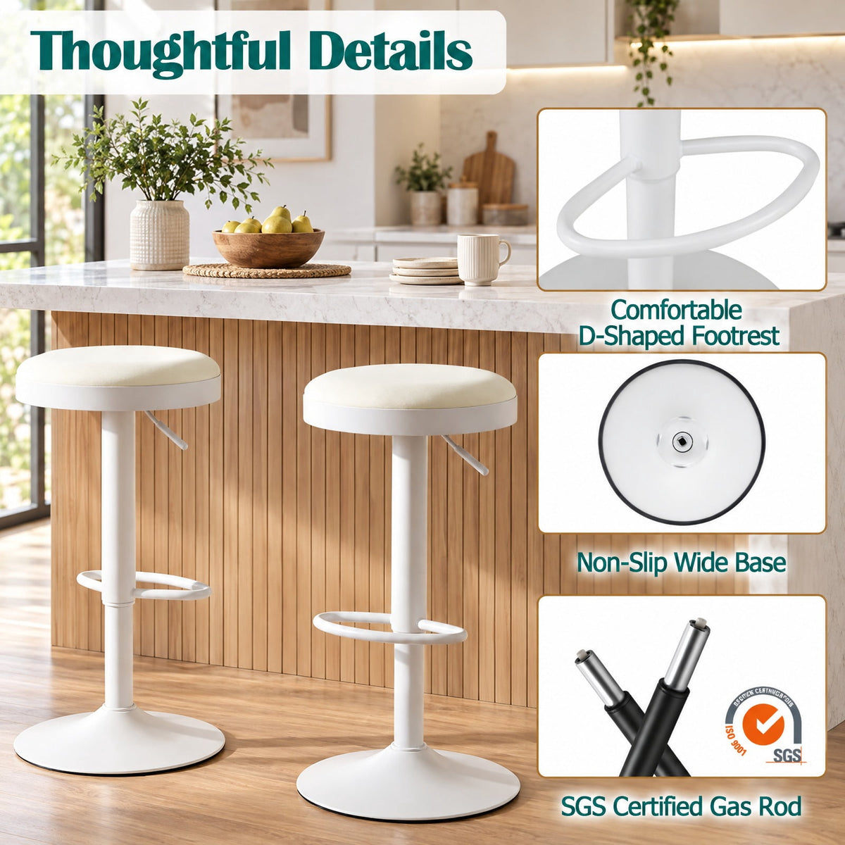 Airfind Set of 4 Kitchen Bar Stools with Height Adjustment Padded Seat and D-Shaped Footrest, 330 lbs Capacity, Metal Sponge Fabric Frame, White