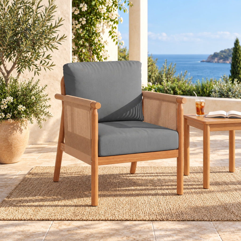 Airfind Patio Acacia Wood Chair Set of 4 with Woven Rope Armrests and Seat Back Cushions for Backyard, 400 lbs Capacity, Gray