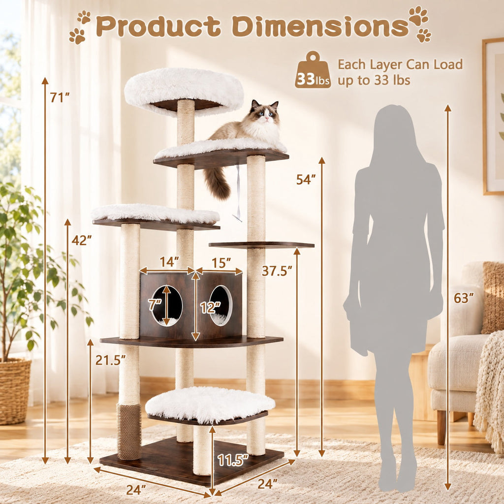 Airfind 7-Layer Wooden Cat Tree Tall Cat Tower with Sisal Posts and Condo, 33 lbs Capacity, Engineering Board Sisal Rope Plush Frame, Brown