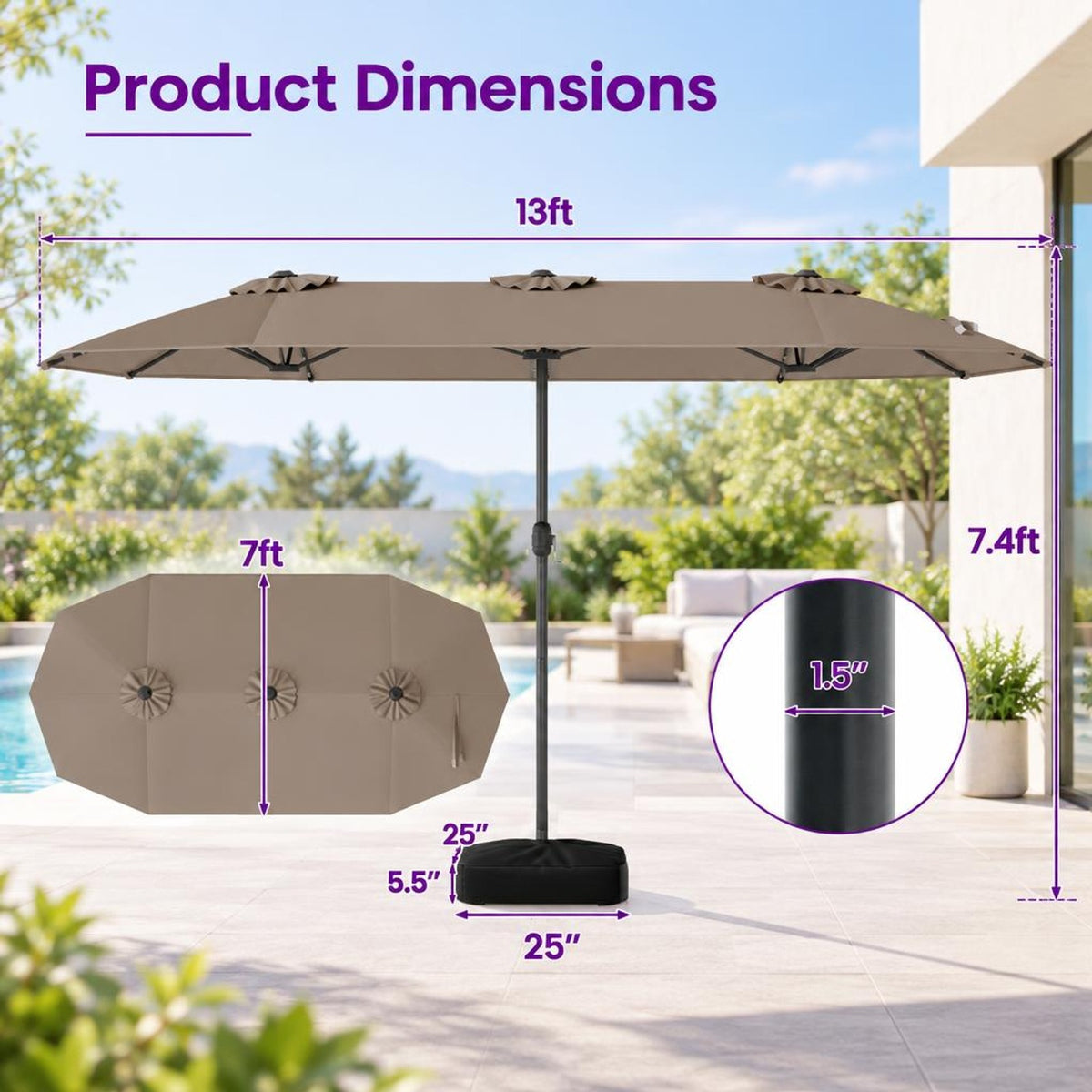 Airfind 13FT Double-sided Patio Umbrella with Solar Lights for Garden Pool Backyard, Metal 180g Yarn Dyed Fabric PA Coating Frame, Coffee