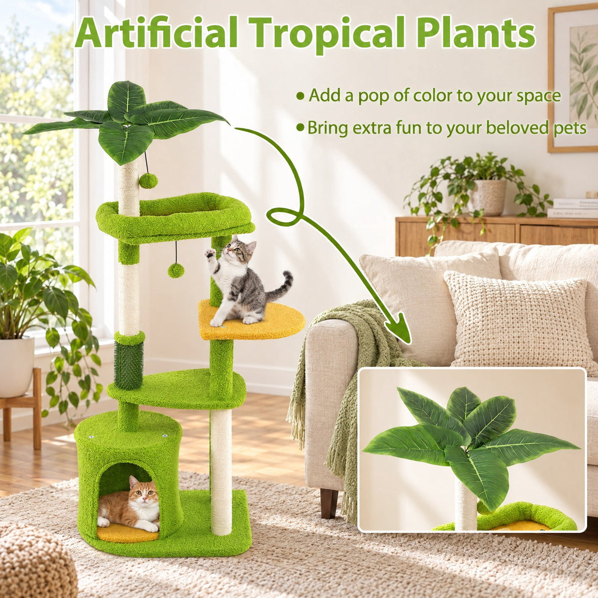 Airfind Cute Cat Tree for Adult Cats Multi-level Kitty Tower, Engineered Wood EVA Sisal Teddy Fleece Product Height 48 Base Frame, Green