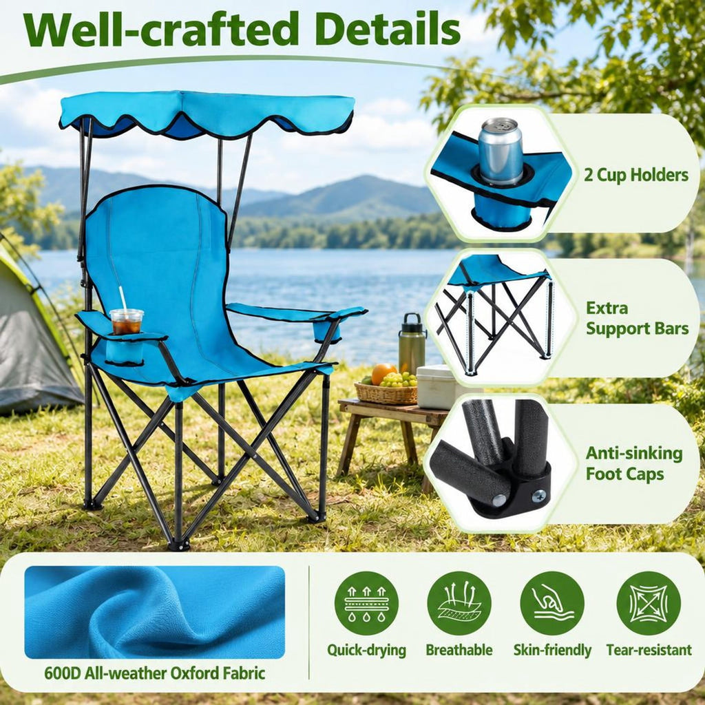Airfind Portable Folding Beach Canopy Chair with Cup Holders, 265 lbs Capacity, Steel tubes Frame, 38 x 26.5 x 51 Footprint, Light Blue
