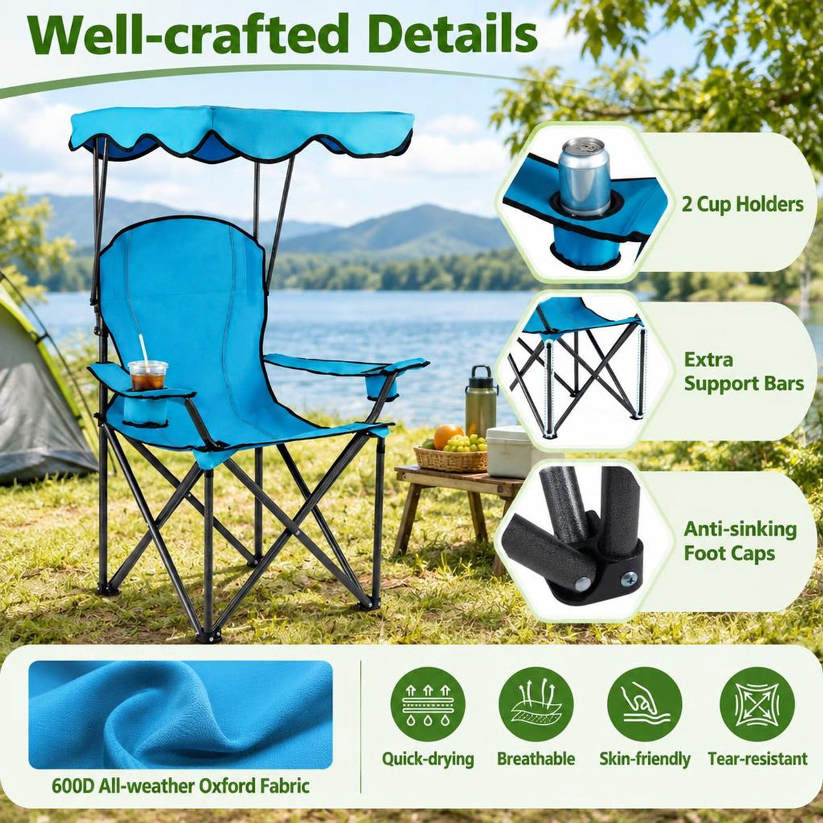Airfind Portable Folding Beach Canopy Chair with Cup Holders, 265 lbs Capacity, Steel tubes Frame, 38 x 26.5 x 51 Footprint, Light Blue