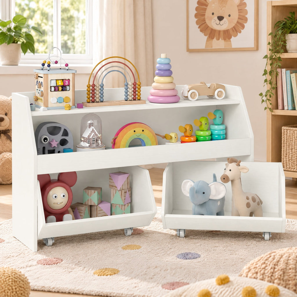 Airfind Kids Toy Storage Organizer Wooden Bookcase with 2 Movable Drawers, 176 lbs Capacity, Engineered Wood Frame, for 3+ Years Old Total, White