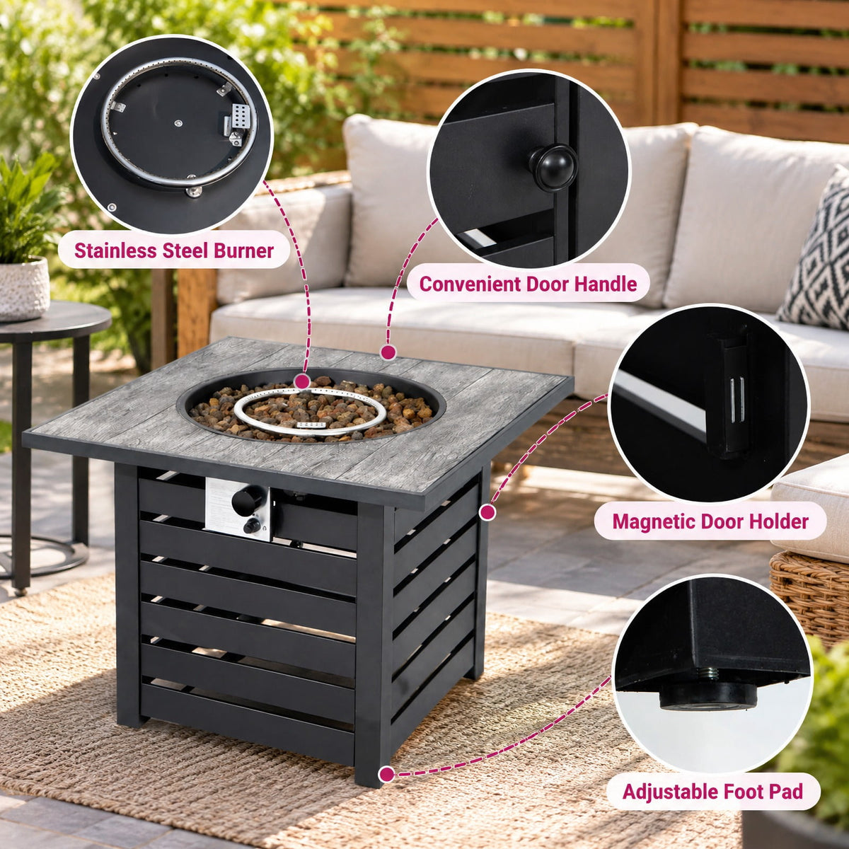 Airfind Square Propane Fire Pit Table with Lava Rocks and Rain Cover, 150 lbs Capacity, Ore powder steel stainless steel Frame, Black