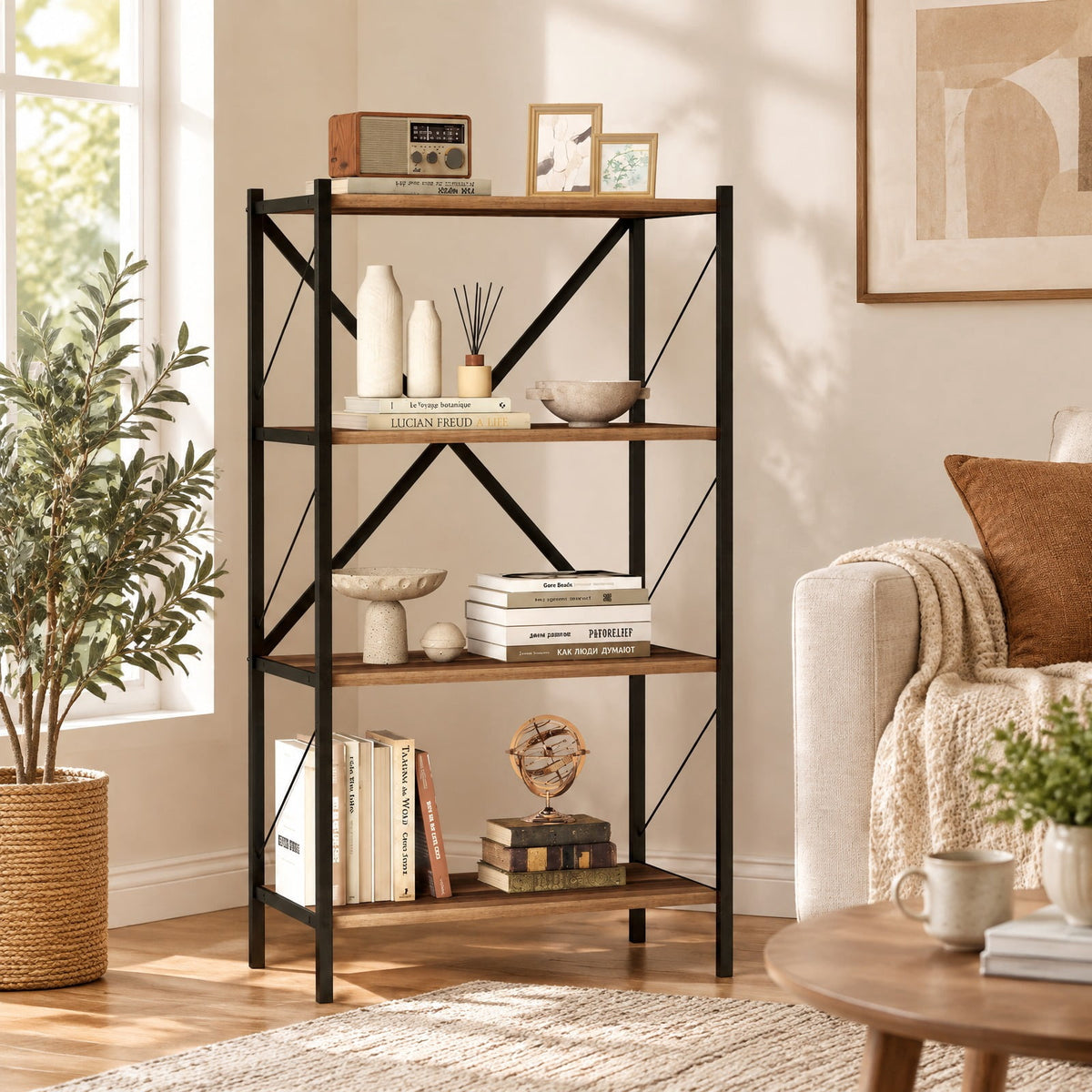 Airfind 4-Tier Bookshelf with Heavy-Duty Metal Frame, 5.5 lbs Capacity, Metal Engineered Wood Frame, Walnut