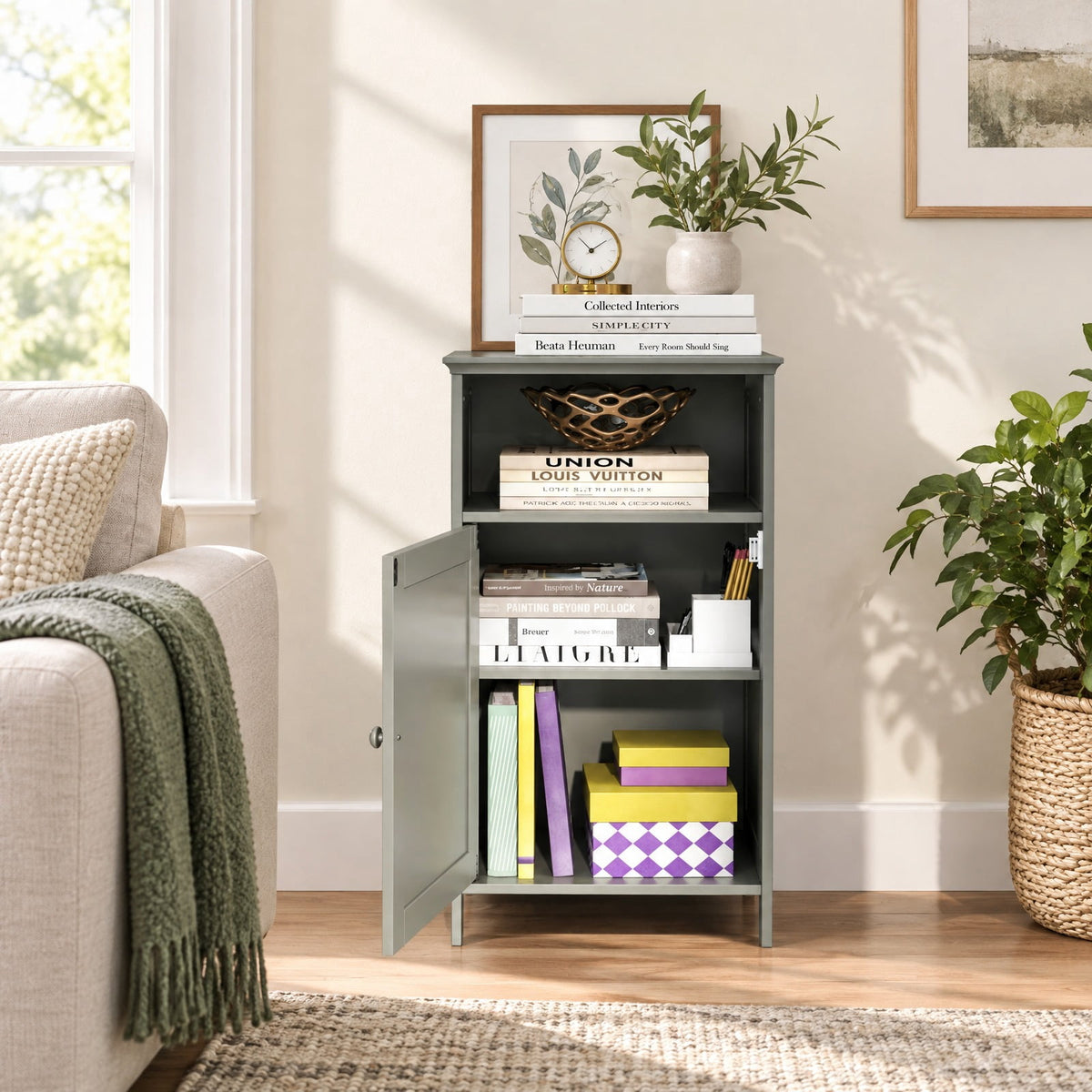 Airfind Bathroom Freestanding Adjustable Shelf Floor Storage Cabinet, MDF Frame, 16 Inch x 12 Inch x 27.5 Inch Footprint, Gray