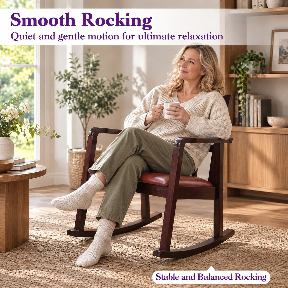Airfind Wooden Rocking Chair with Upholstered Seat and Ladder Back for Living Room, 400 lbs Capacity, Rubber Wood Faux Leather/Fabric Sponge Frame