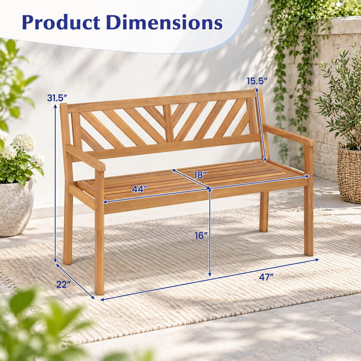 Airfind 2-Person Patio Acacia Wood Garden Chair with Armrests and Backrest for Porch, 800 lbs Capacity, Acacia Wood Frame, Teak