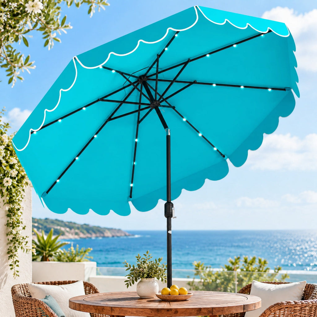 Airfind 10 Feet Solar Patio Umbrella with 24 LED Lights, Polyester Fabric Metal Frame, 10 x 8.3 ft Umbrella Rim Height 6.9 ft Footprint, Turquoise