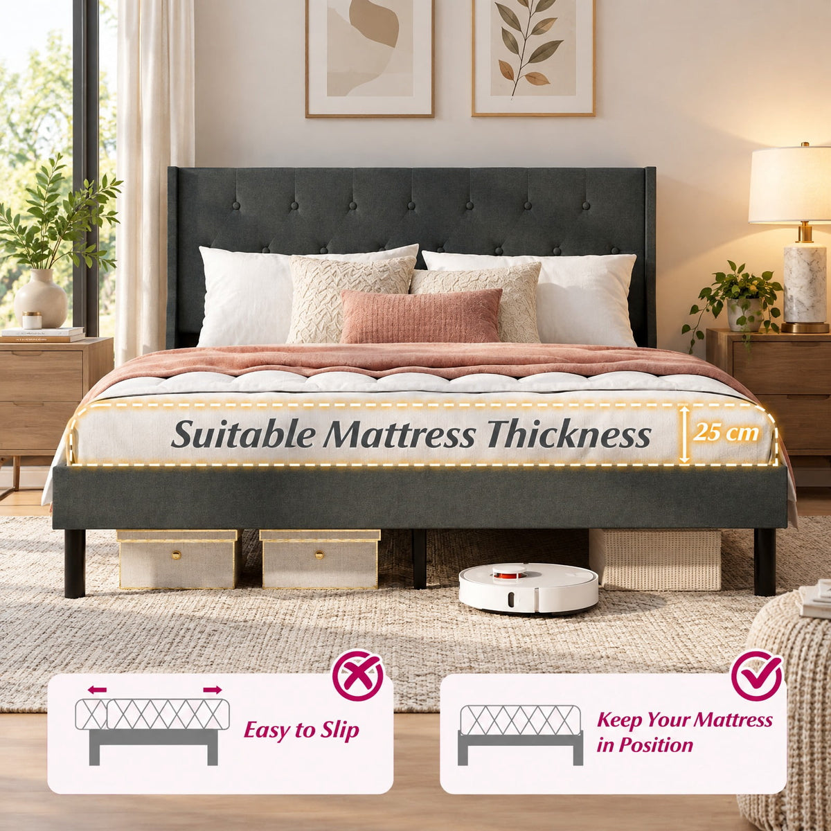 Airfind Queen Size Upholstered Bed Frame with Button Tufted Wingback Headboard and Wooden Slats Support Mattress Foundation, 800 lbs Capacity, Gray