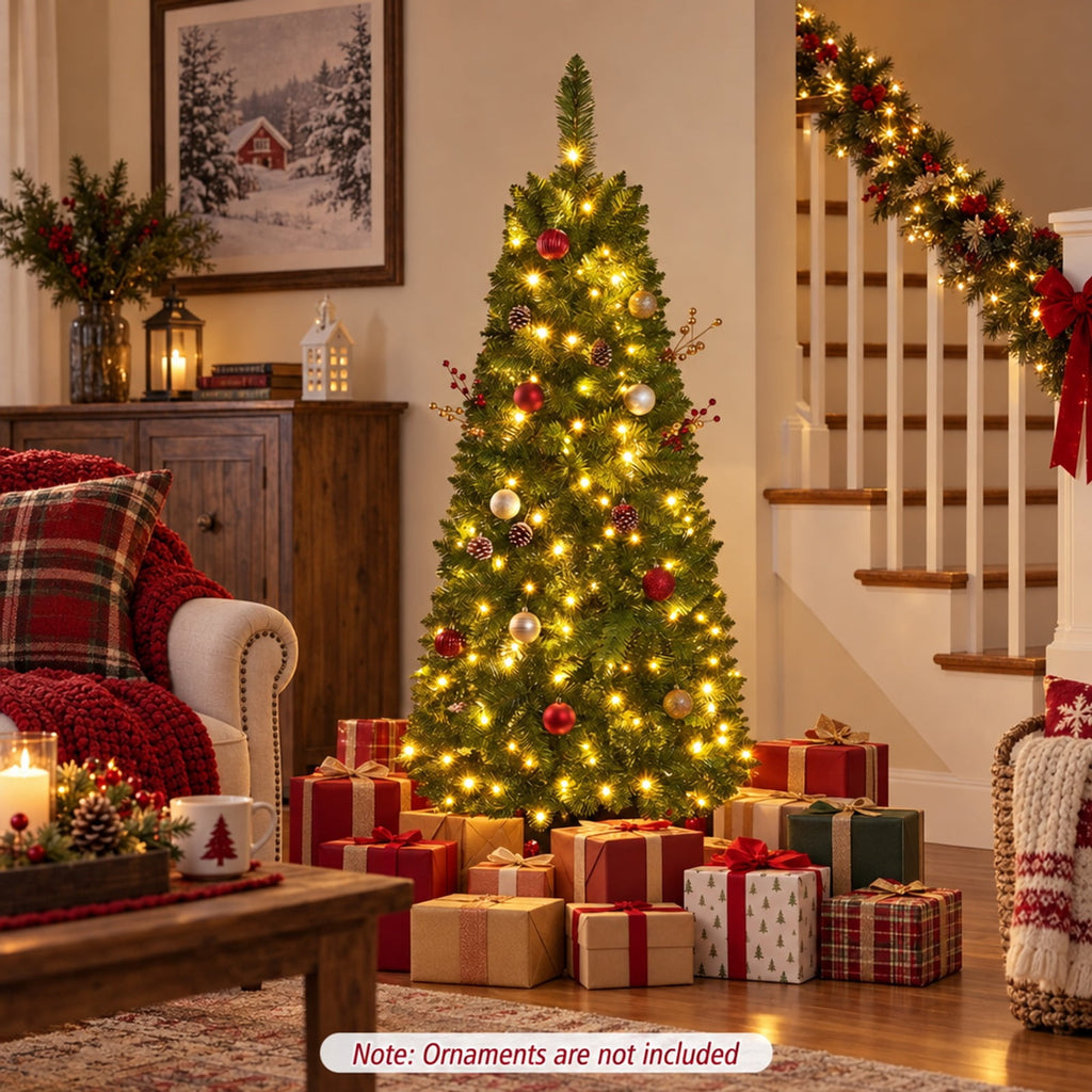 Airfind 4.5 Ft Pre-lit Artificial Christmas Tree, Slim Pencil Fir Tree featuring 150 Warm LED Lights, Hinged Branches and Folding Metal Stand, Green