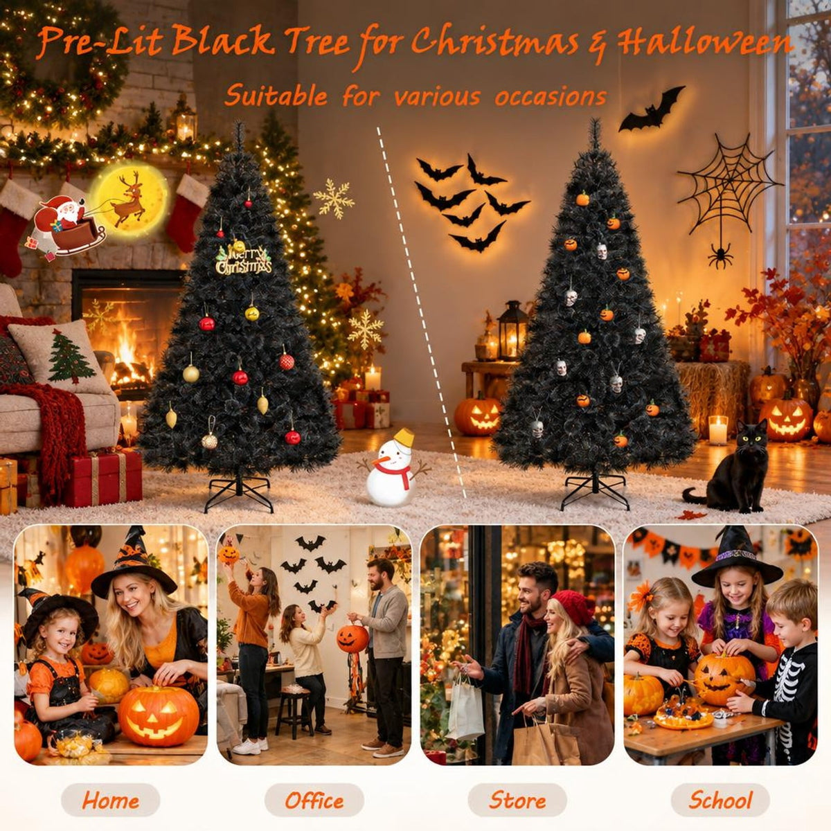 Airfind 6/7/8 Feet Black Artificial Halloween Christmas Tree with PVC Branch Tips and 210/320/450 Cool White LED Lights, Black
