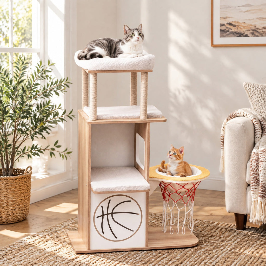 Airfind 47 Inches Wooden Cat Tree with 2-Story Cat Condo and Basketball Hoop Hammock, 31in x 15in x 47inTop Perch Footprint, Natural