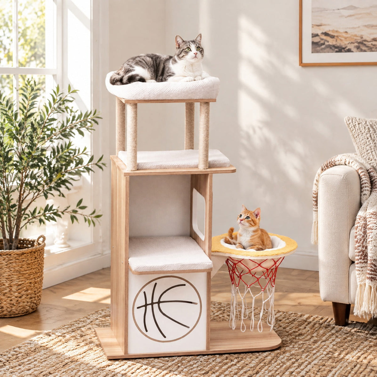 Airfind 47 Inches Wooden Cat Tree with 2-Story Cat Condo and Basketball Hoop Hammock, 31in x 15in x 47inTop Perch Footprint, Natural