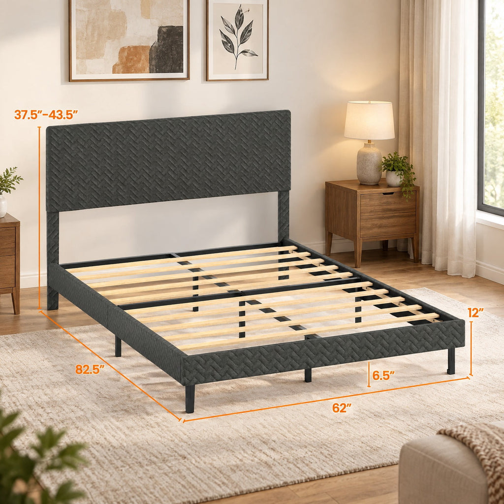 Airfind Twin/Full/Queen Size Velvet Bed Frame Upholstered Platform Bed with Chevron Headboard Gray, 500 lbs Capacity, Velvet Frame, Gray