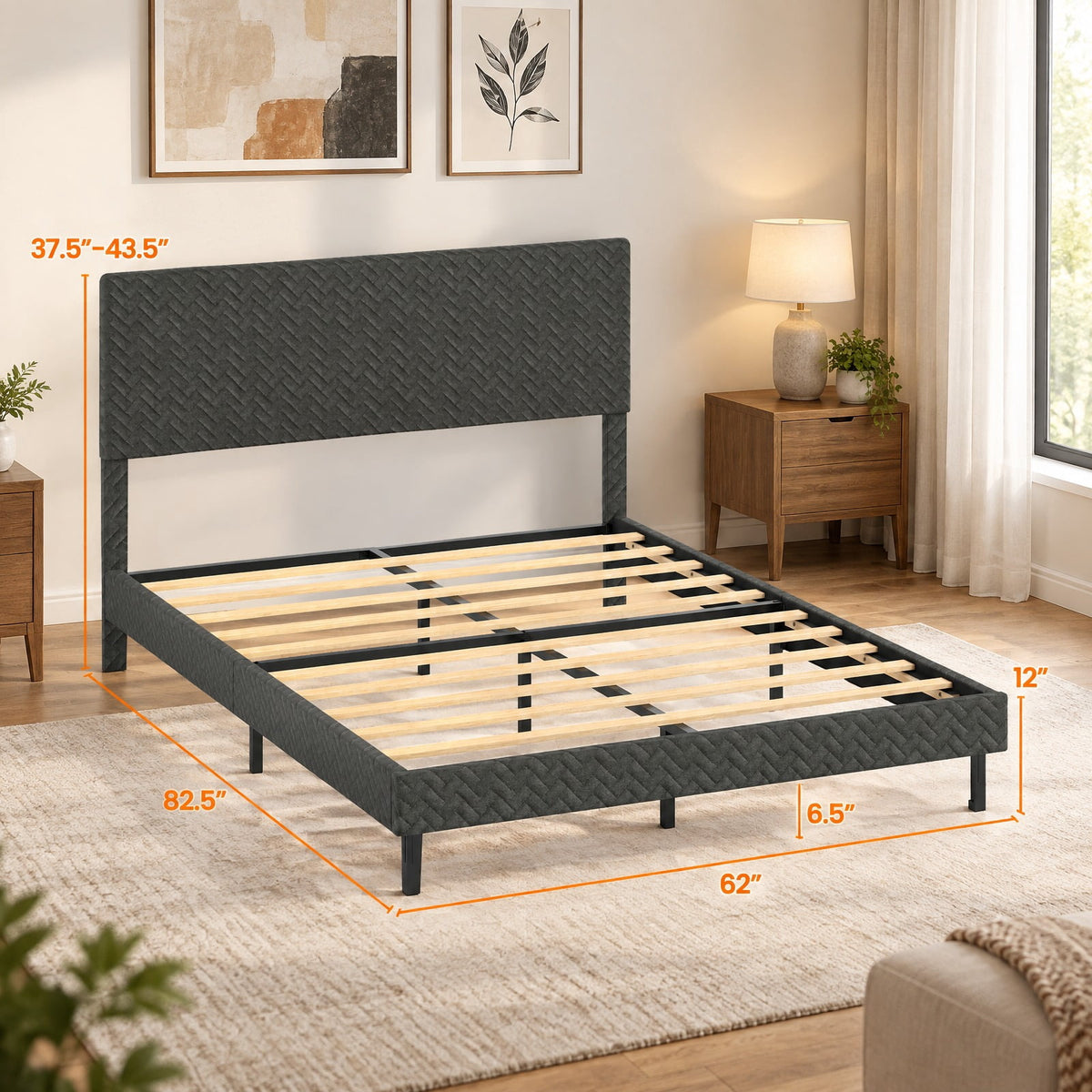 Airfind Twin/Full/Queen Size Velvet Bed Frame Upholstered Platform Bed with Chevron Headboard Gray, 500 lbs Capacity, Velvet Frame, Gray