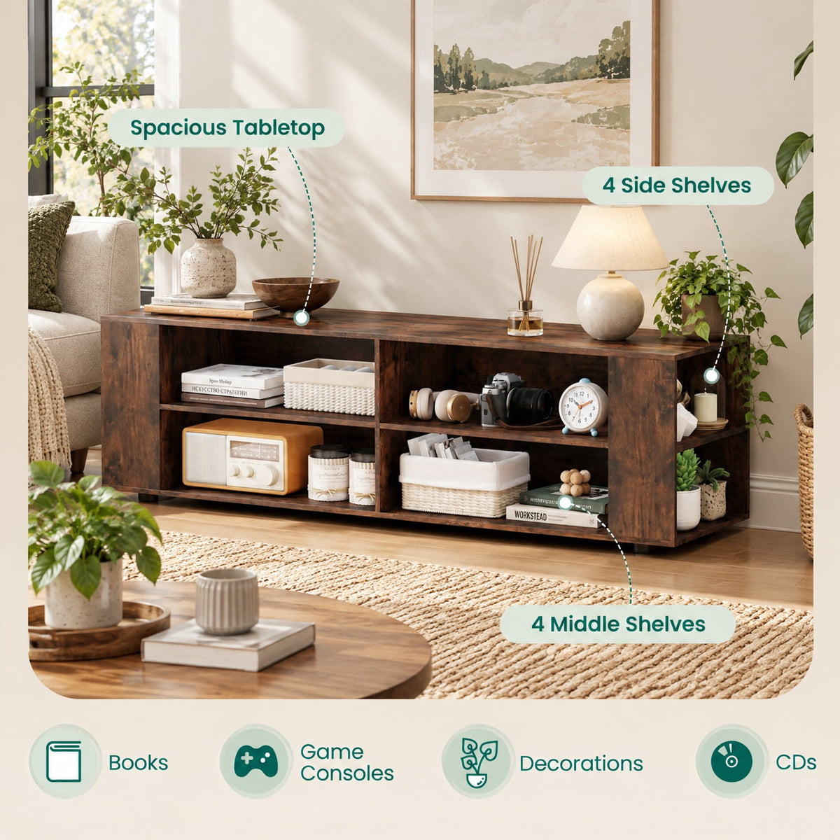 Airfind 59 Inch Console Storage Entertainment Media Wood TV Stand, 110 Lbs Capacity, Engineered Wood MDF Plastic, Walnut