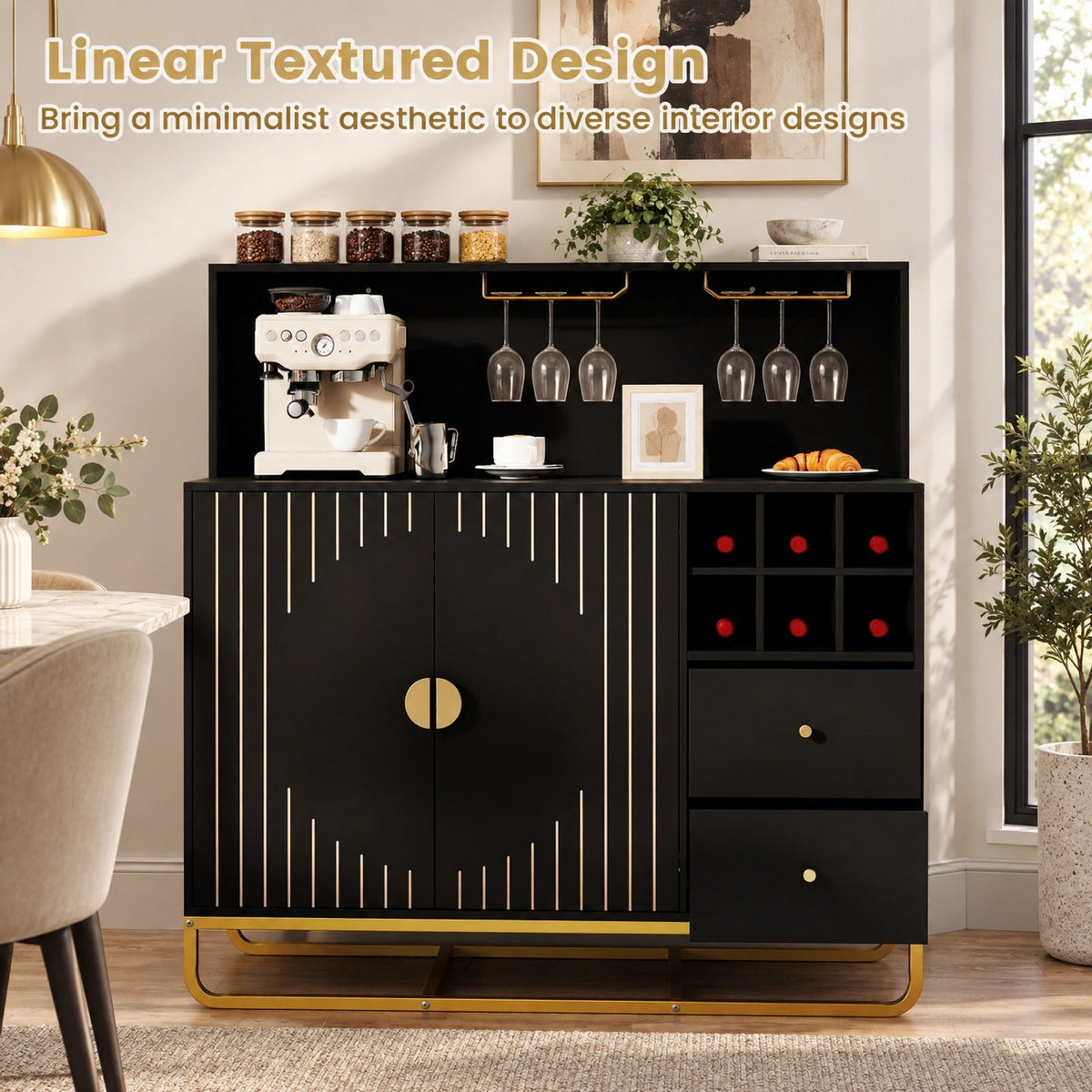 Airfind Home Bar Cabinet with Wine Rack Glass Holder and Adjustable Shelf, 47 Inch x 16 Inch x 48.5 Inch Inner Footprint, Black