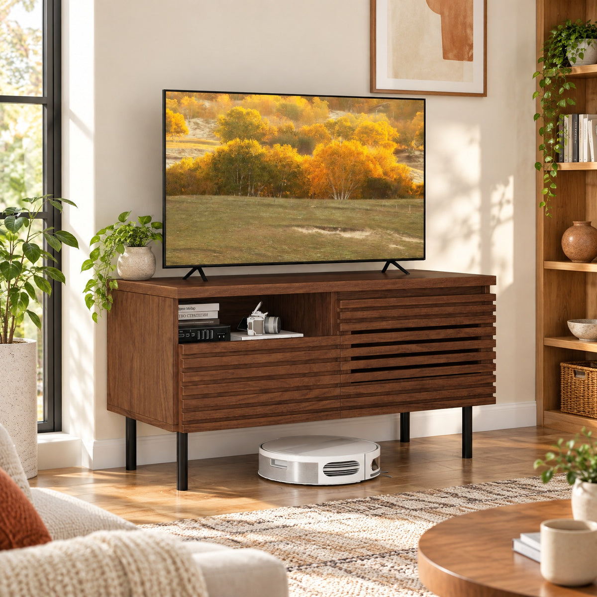 Airfind Mid Century Fluted TV Stand for 40 Inch TV Modern Entertainment Center with Open Compartment, 110 lbs Capacity, Metal Engineered Wood Frame