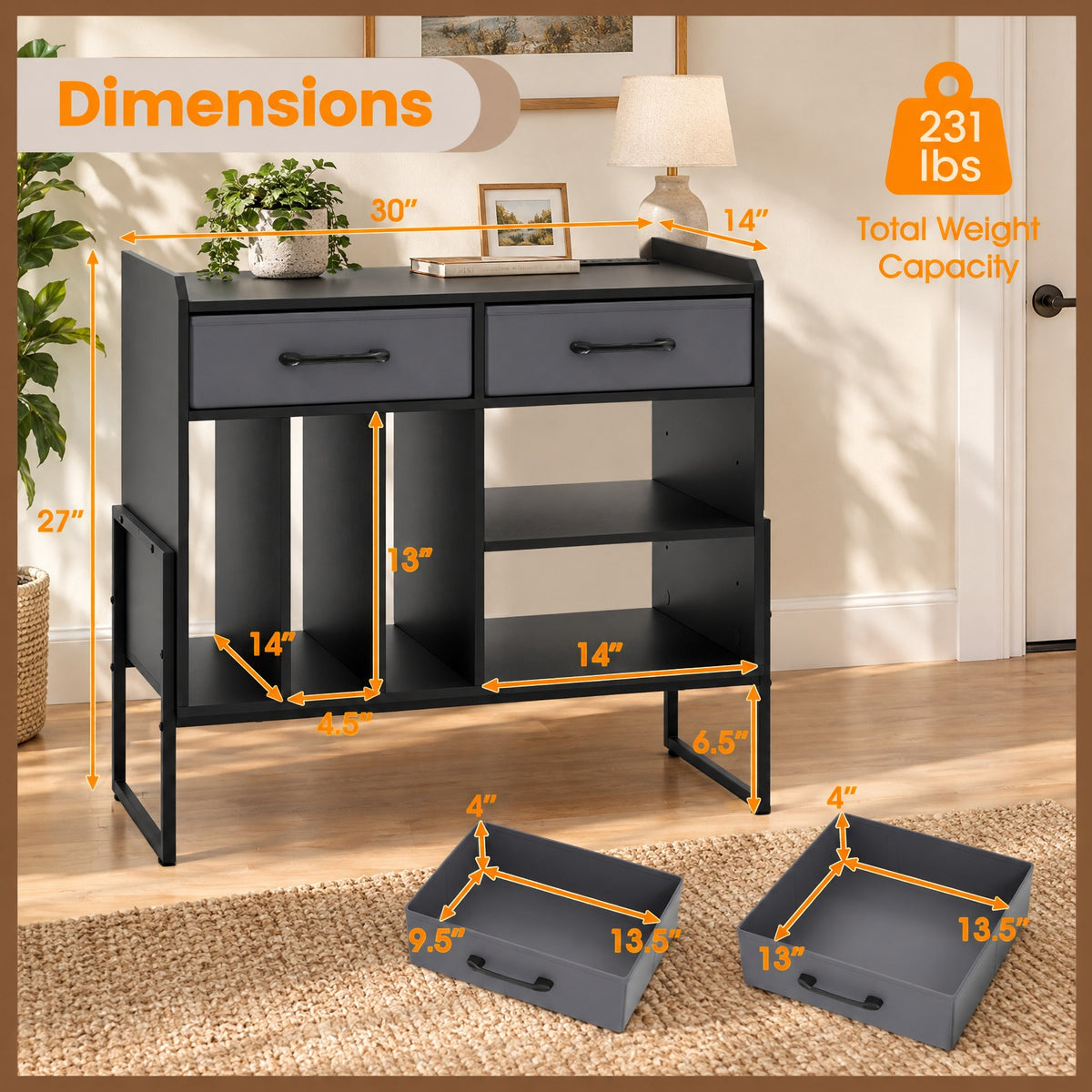 Airfind Large Record Player Stand with Charging Station Mid Century Modern Vinyl Storage Cabinet, 209 lbs Capacity, 30in x 14in x 27in Inside Footprint