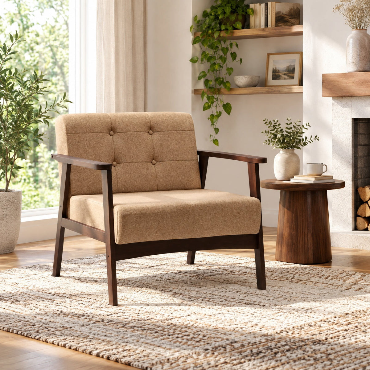 Airfind Rubber Wood Frame Accent Chair with Armrest for Living Room, 330 lbs Capacity, Rubber Wood Sponge Linen Fabric MDF Frame, Beige