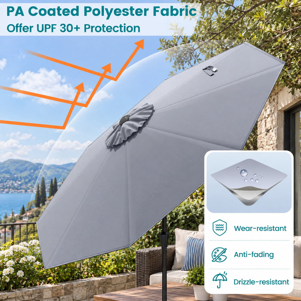 Airfind 9 FT Outdoor Market Patio Table Umbrella Push Button Tilt Crank Lift, Iron Polyester Fabric Frame, Gray