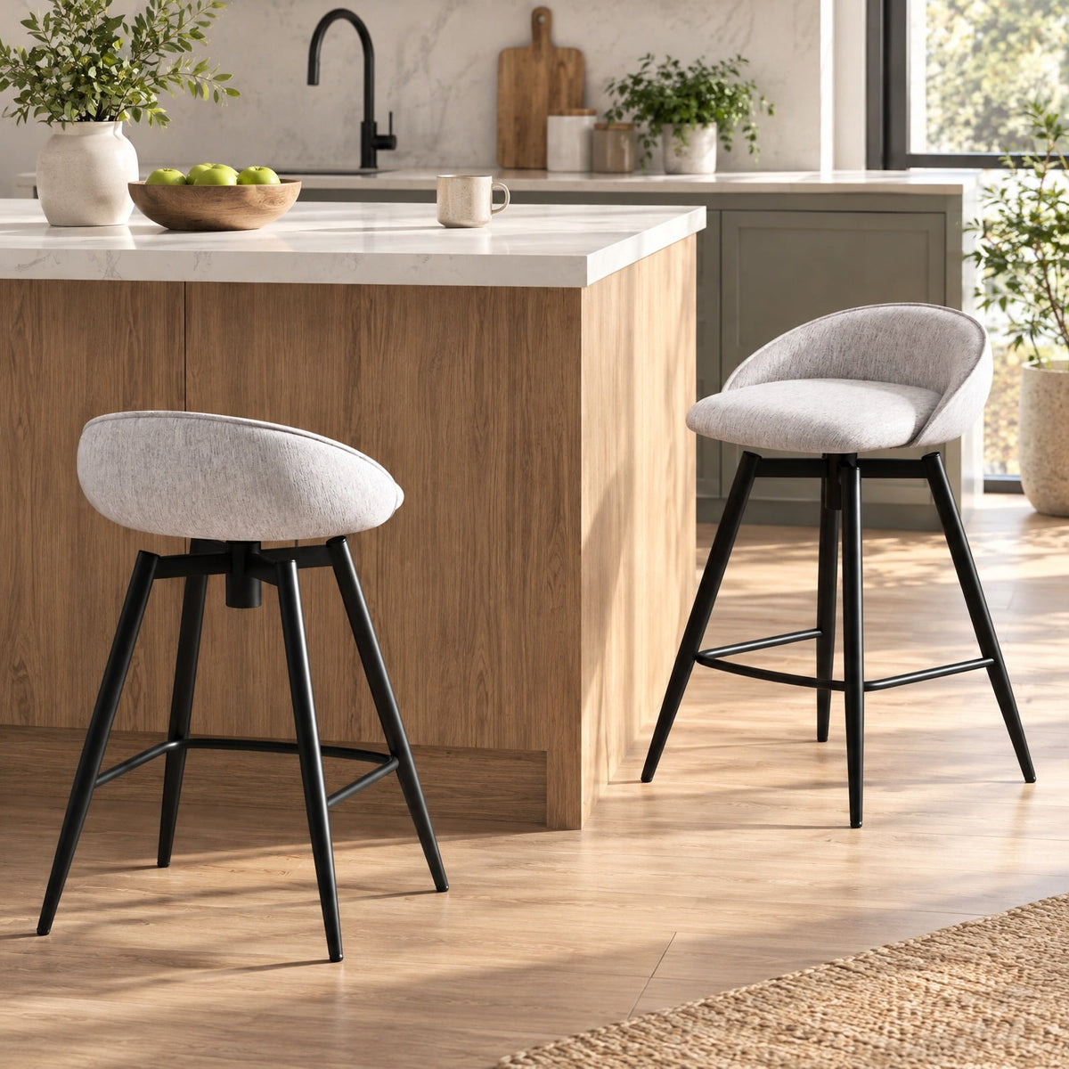 Airfind Upholstered Bar Stools Set of 2 with Footrest and Backrest, 330 lbs Capacity, Metal Linen Fabric Sponge Frame, Gray