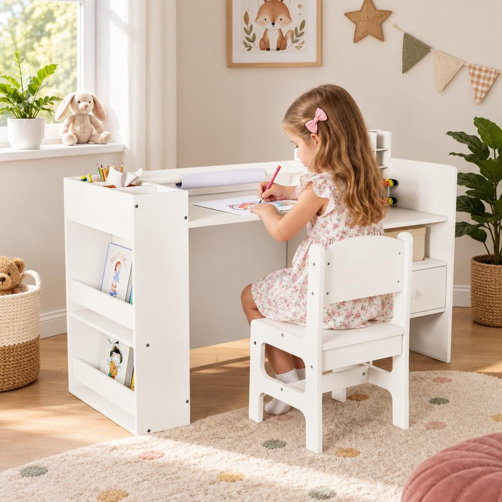 Airfind Kids Art Table and Chair Set with Detachable Paper Roll Holder and Cabinet, 66 lbs Capacity, MDF Frame, for 3+, White