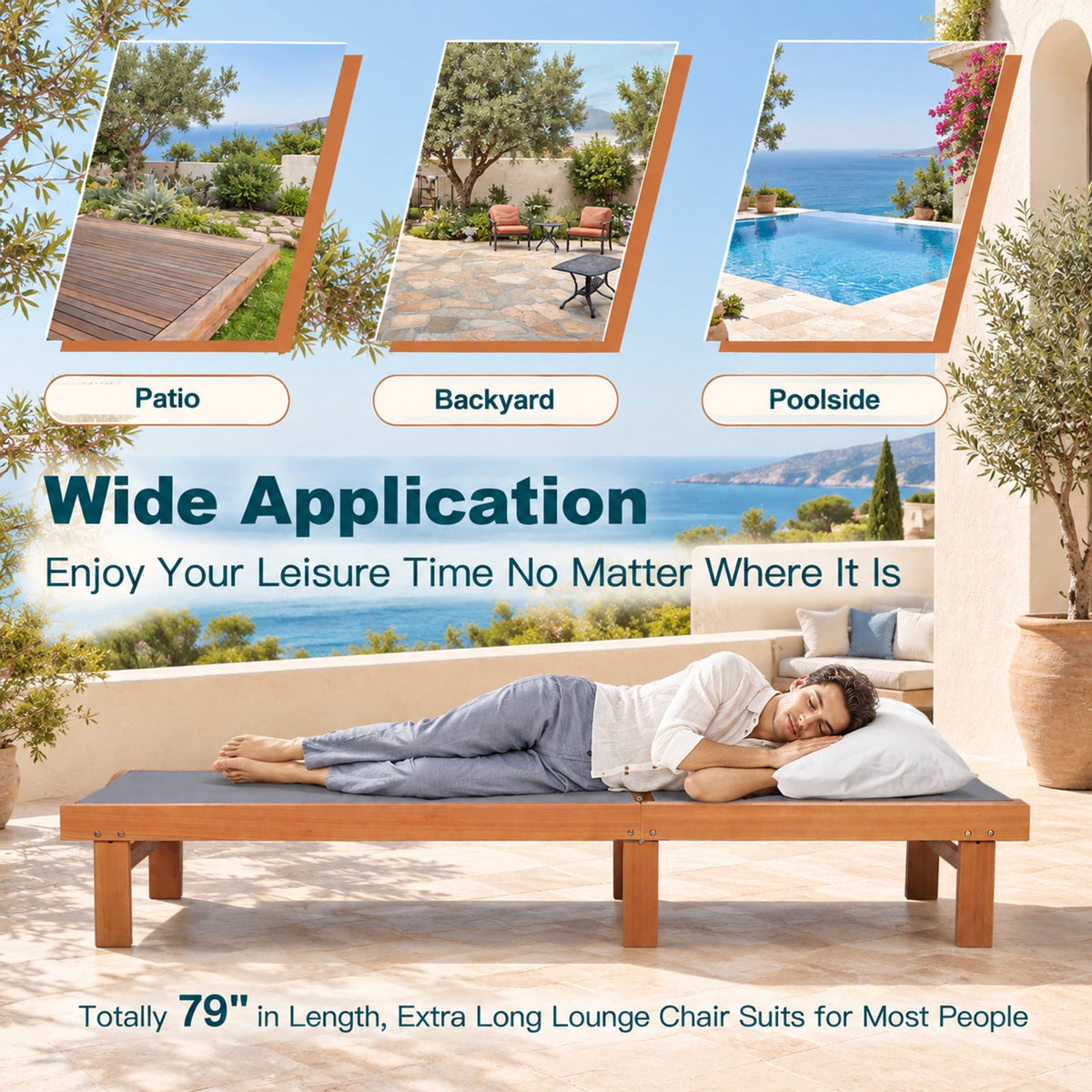 Airfind 5-Postion Backrest Adjustable Outdoor Wood Chaise Lounge Chair-2, 400 lbs Capacity, Fabric eucalyptus wood steel Frame, Wood