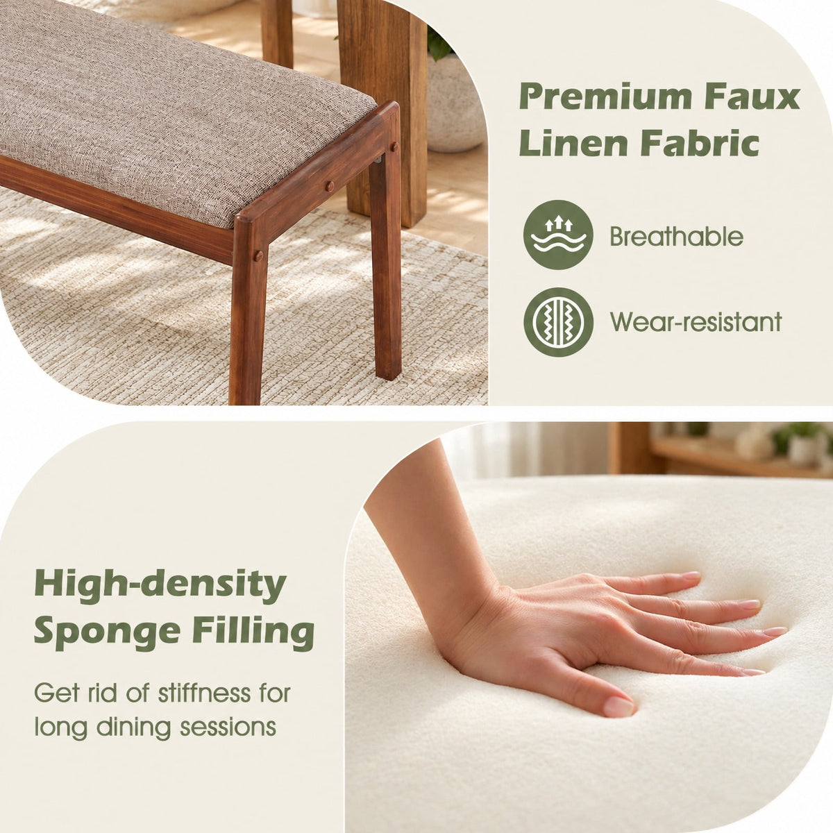 Airfind 45 Inch Farmhouse Backless Bench with Rubber Wood Legs and Fabric Padded Seat, 400 lbs Capacity, 45 x 17 x 19 Footprint, Beige