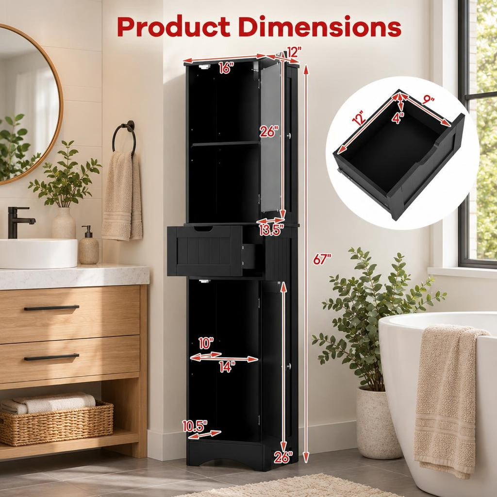 Airfind Tall Floor Storage Cabinet with 2 Doors and 1 Drawer for Bathroom, MDF Tempered Glass Frame, 16in x 12in x 67in Footprint, Black