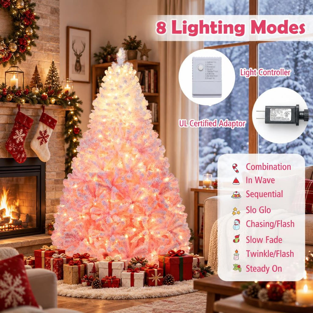 Airfind 5/6/7/8 FT Artificial Christmas Tree with Warm White LED Lights and 8 Modes for Holiday-7 Feet, White