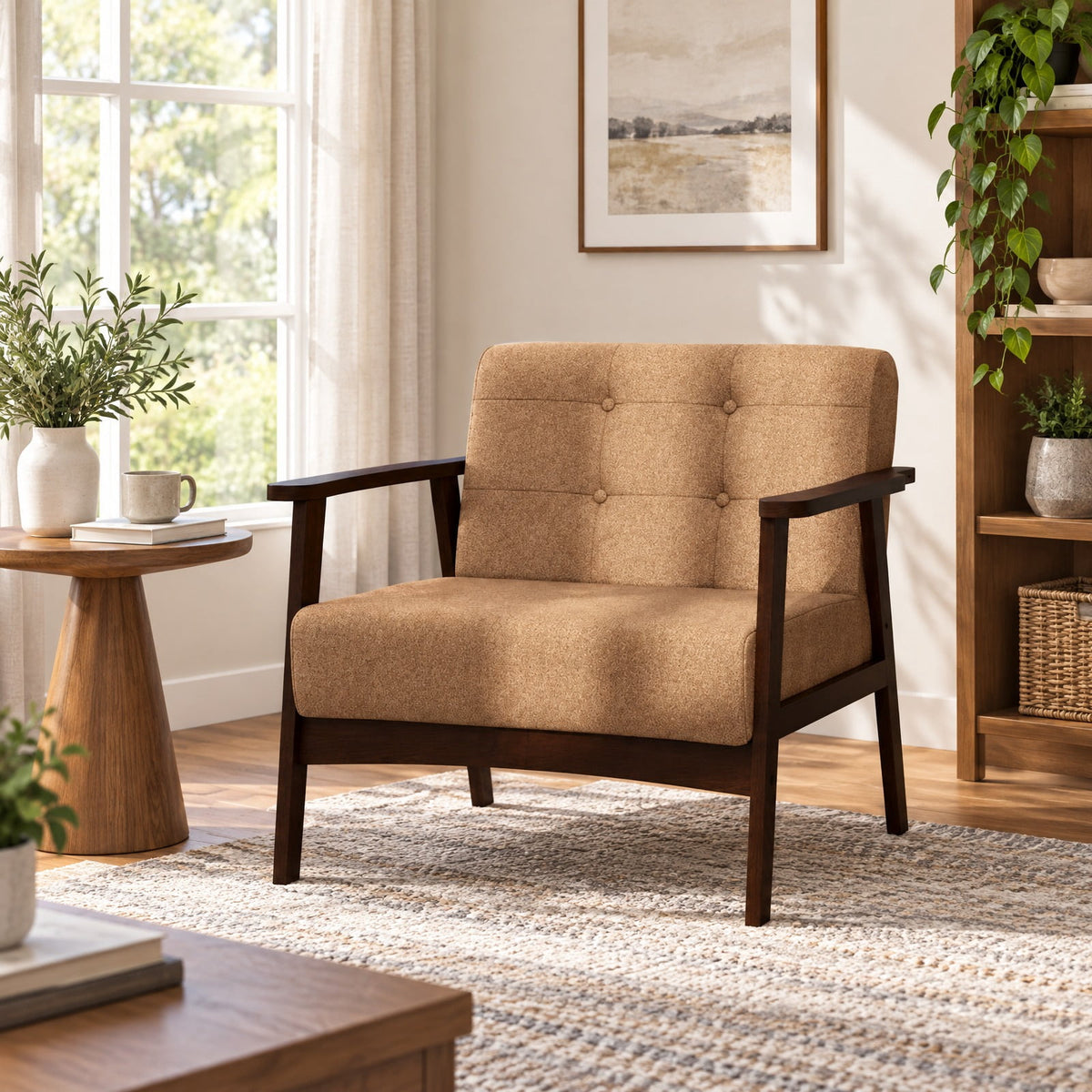 Airfind Rubber Wood Frame Accent Chair with Armrest for Living Room, 330 lbs Capacity, Rubber Wood Sponge Linen Fabric MDF Frame, Beige